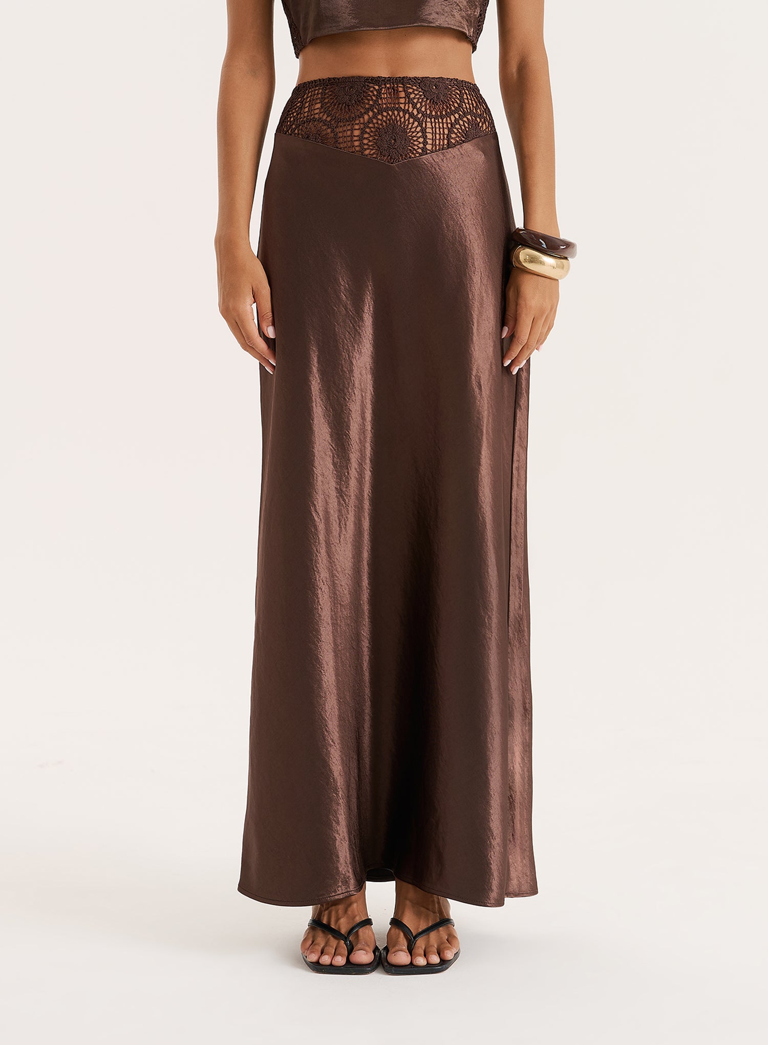 Chocolate Satin Crochet Panelled Maxi Skirt
